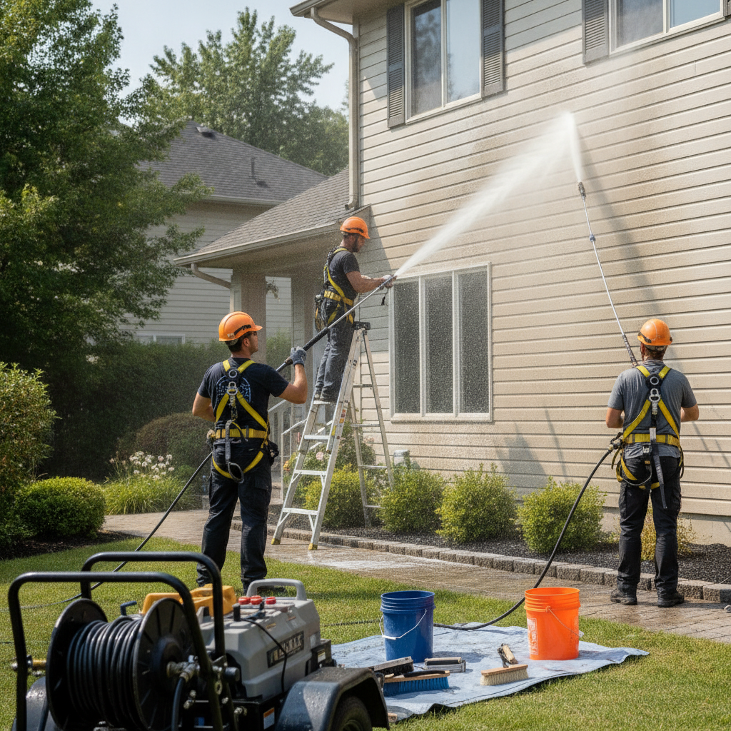 Create a realistic, professional service-business photograph showing Siding Pressure Washing from behind, with the backs of their heads visible. Do not show any faces, facial features, front-facing views or side views, profiles, or identifi