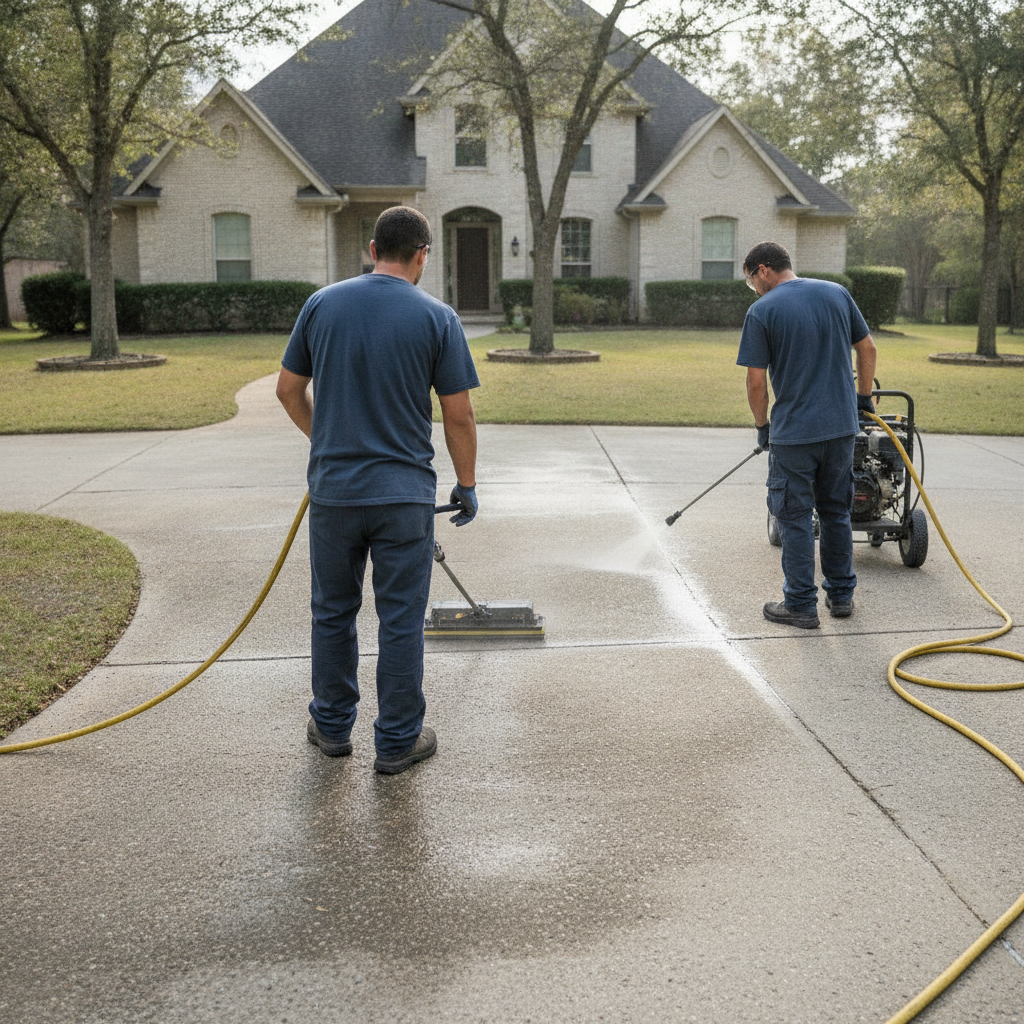 Create a realistic, professional service-business photograph showing Driveway  Pressure Washing from behind, with the backs of their heads visible. Do not show any faces, facial features, front-facing views or side views, profiles, or ident