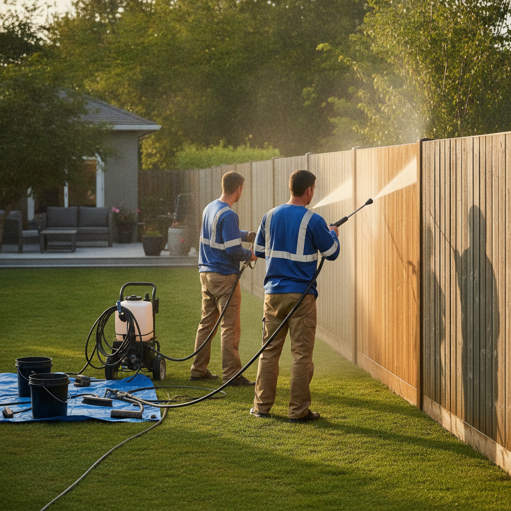 Create a realistic, professional service-business photograph showing Fence Pressure Washing from behind, with the backs of their heads visible. Do not show any faces, facial features, front-facing views or side views, profiles, or identifia