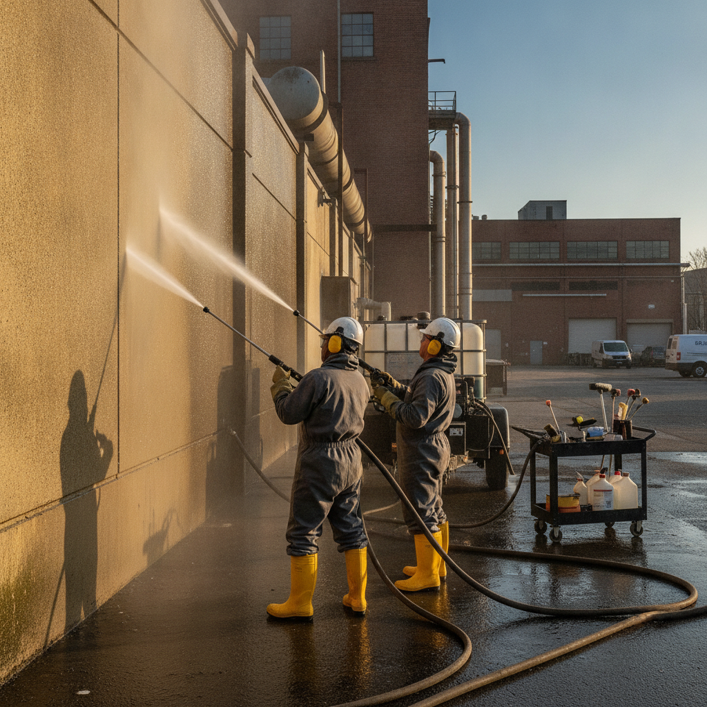 Create a realistic, professional service-business photograph showing Commercial Pressure Washing from behind, with the backs of their heads visible. Do not show any faces, facial features, front-facing views or side views, profiles, or iden