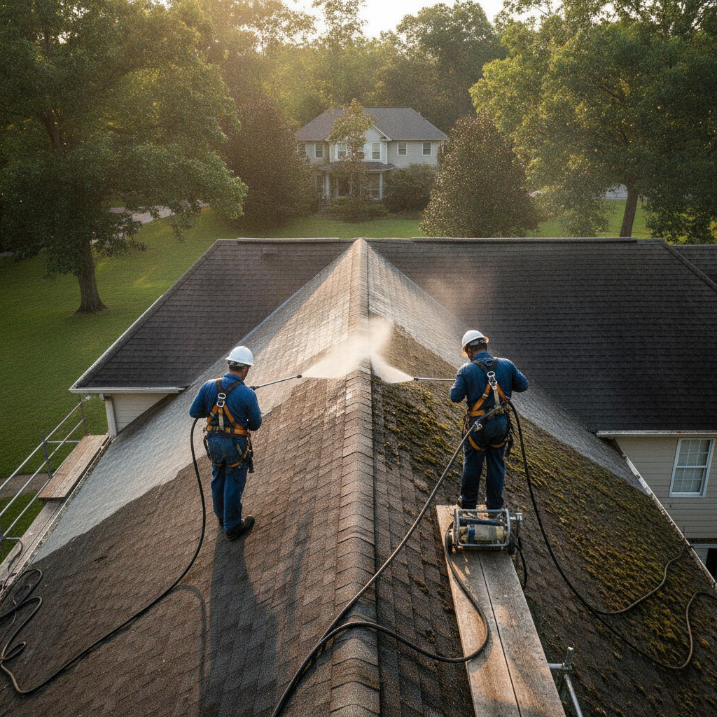 Create a realistic, professional service-business photograph showing Roof Pressure Washing from behind, with the backs of their heads visible. Do not show any faces, facial features, front-facing views or side views, profiles, or identifiab