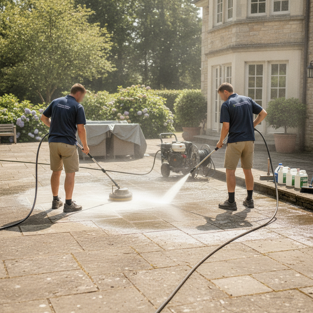 Create a realistic, professional service-business photograph showing Patio Pressure Washing from behind, with the backs of their heads visible. Do not show any faces, facial features, front-facing views or side views, profiles, or identifia
