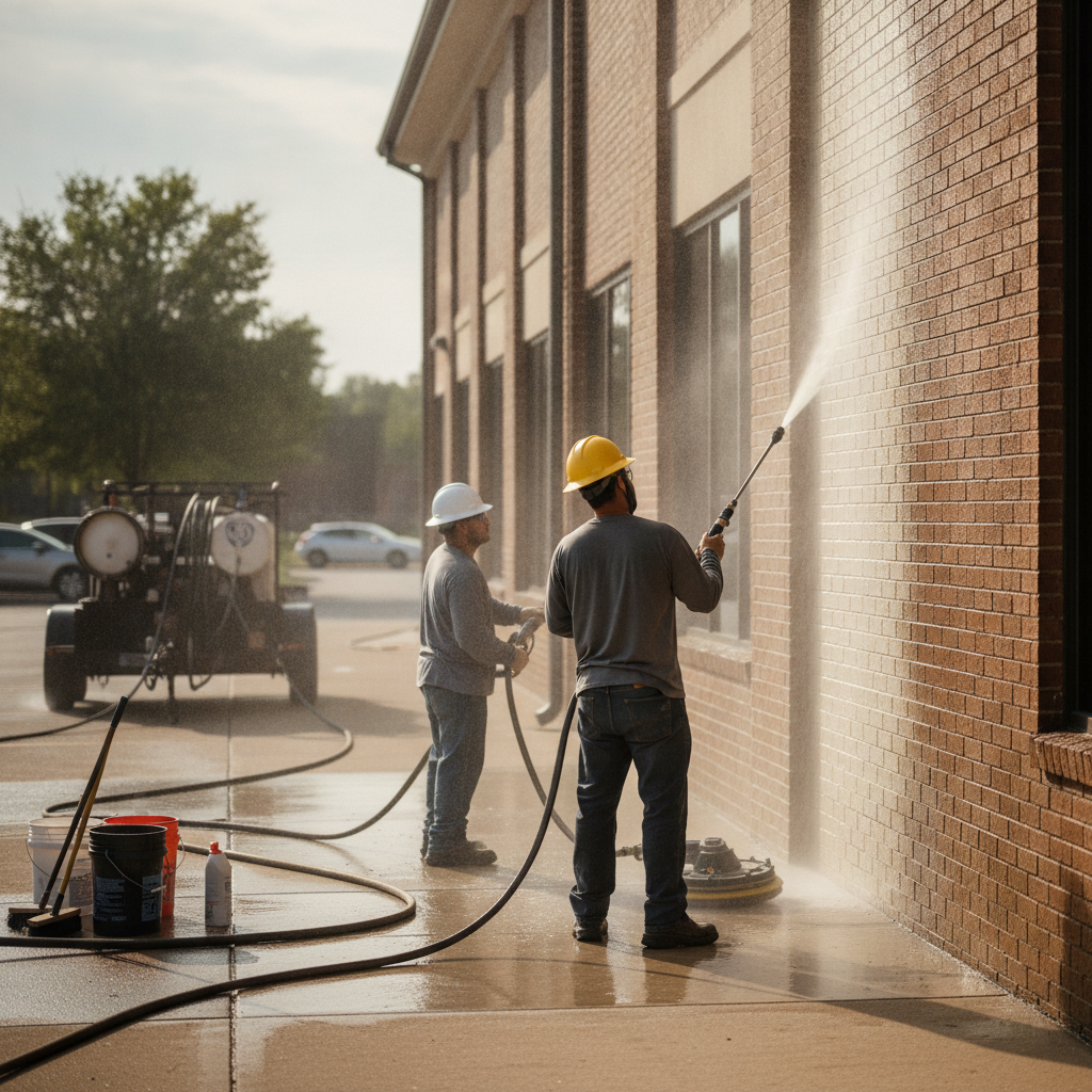 Create a realistic, professional service-business photograph showing Commercial Pressure Washing from behind, with the backs of their heads visible. Do not show any faces, facial features, front-facing views or side views, profiles, or iden
