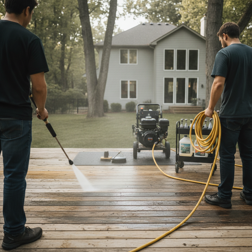 Create a realistic, professional service-business photograph showing Deck Pressure Washing from behind, with the backs of their heads visible. Do not show any faces, facial features, front-facing views or side views, profiles, or identifiab