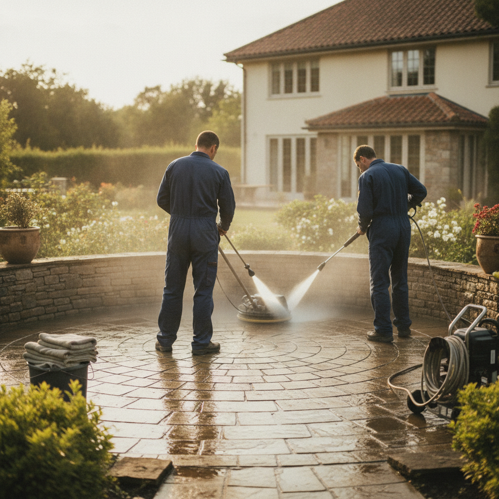 Create a realistic, professional service-business photograph showing Patio Pressure Washing from behind, with the backs of their heads visible. Do not show any faces, facial features, front-facing views or side views, profiles, or identifia