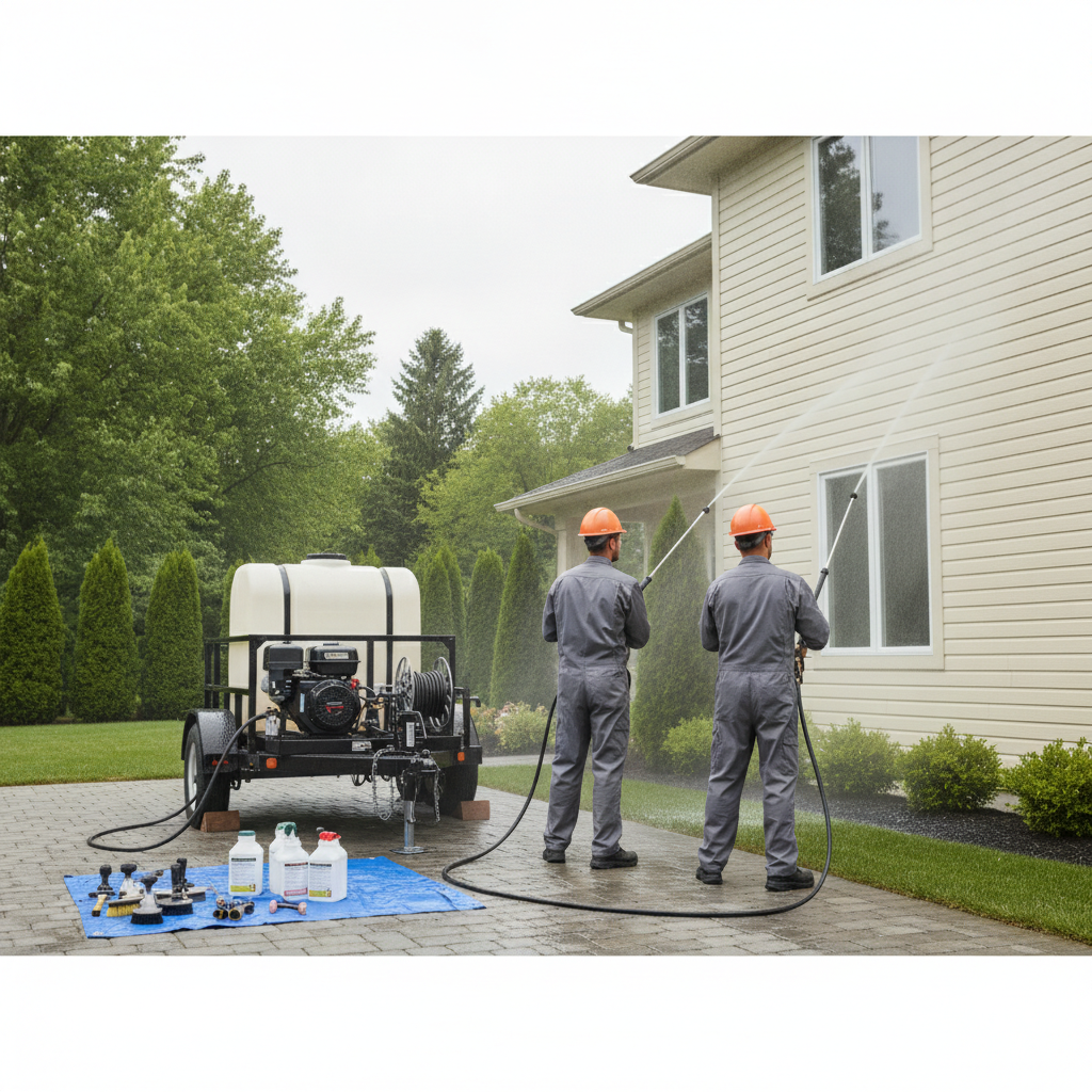Create a realistic, professional service-business photograph showing Siding Pressure Washing from behind, with the backs of their heads visible. Do not show any faces, facial features, front-facing views or side views, profiles, or identifi