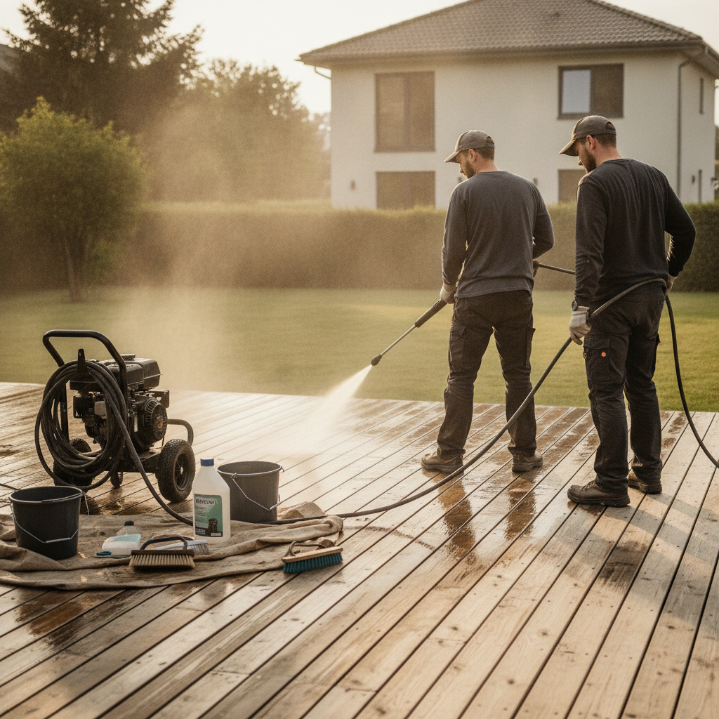 Create a realistic, professional service-business photograph showing Deck Pressure Washing from behind, with the backs of their heads visible. Do not show any faces, facial features, front-facing views or side views, profiles, or identifiab