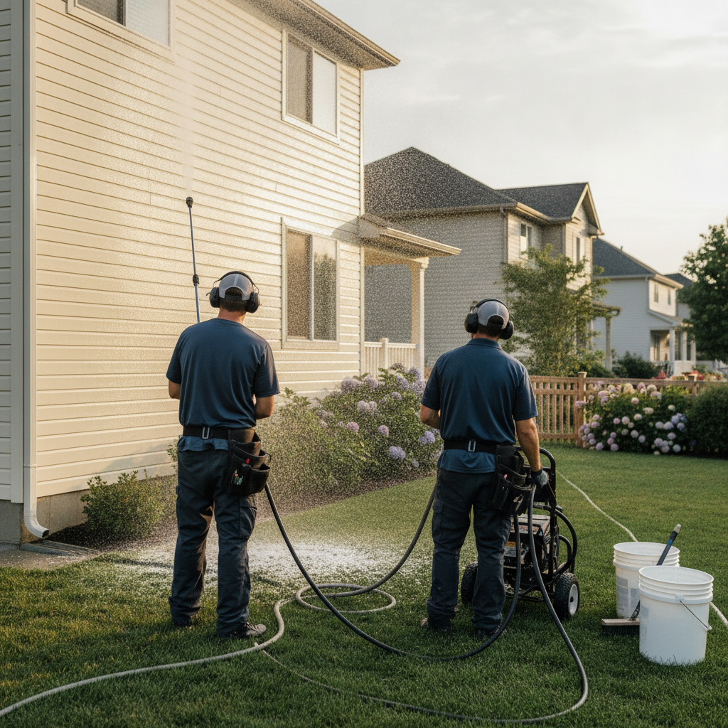 Create a realistic, professional service-business photograph showing House Soft Washing from behind, with the backs of their heads visible. Do not show any faces, facial features, front-facing views or side views, profiles, or identifiable 