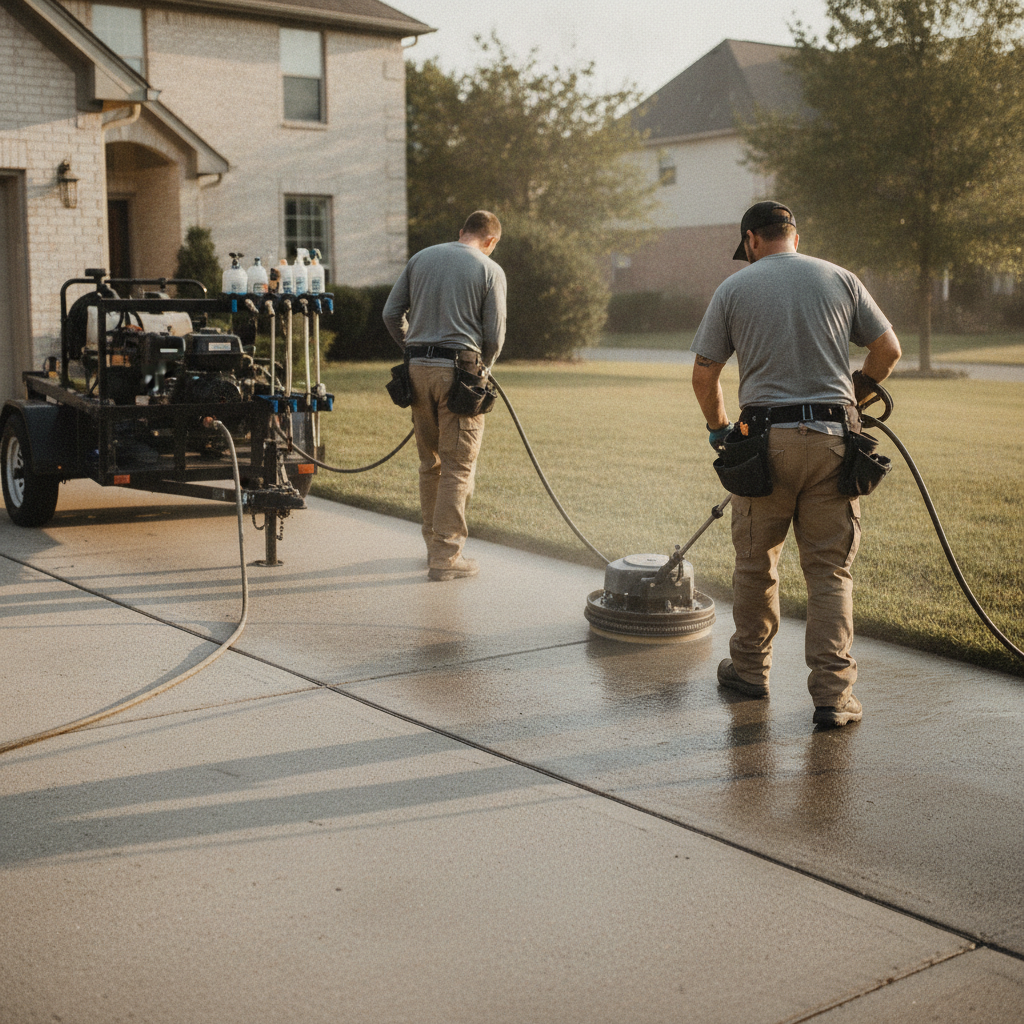 Create a realistic, professional service-business photograph showing Driveway  Pressure Washing from behind, with the backs of their heads visible. Do not show any faces, facial features, front-facing views or side views, profiles, or ident